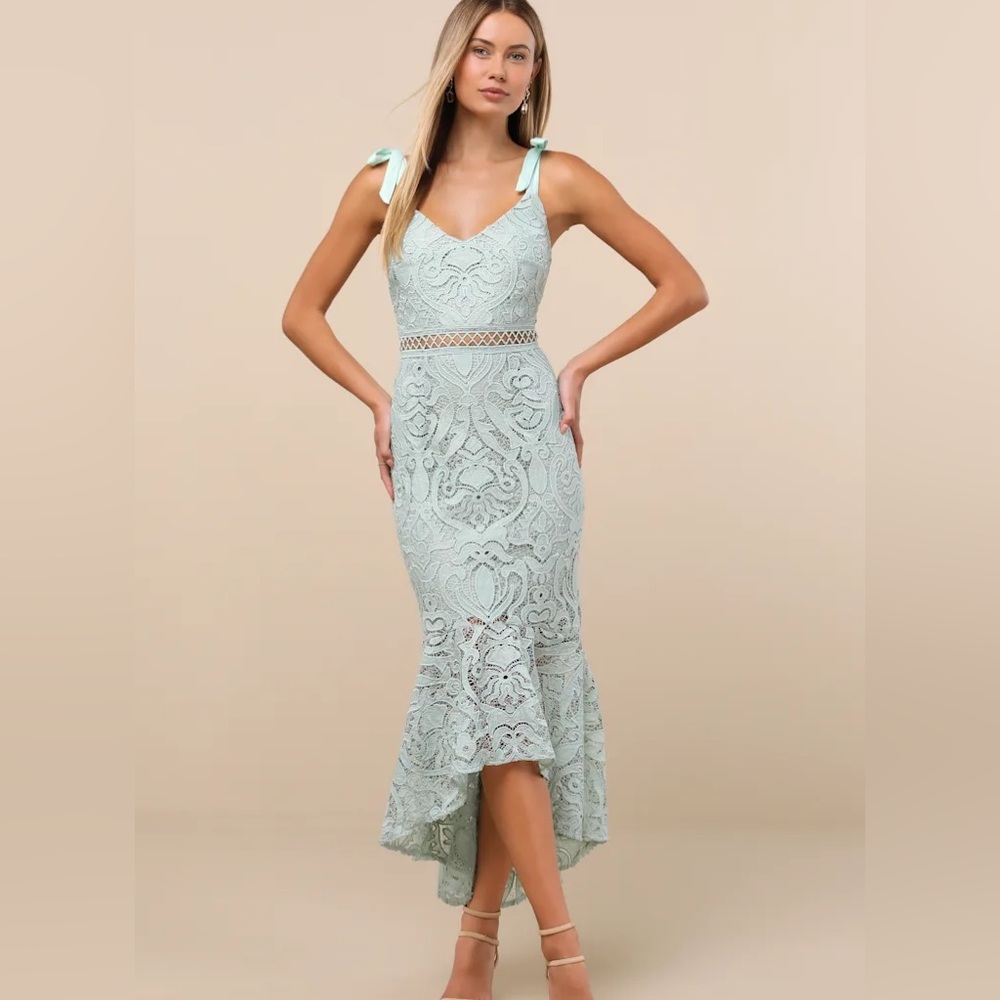 Won Your Heart Sage Green Lace Tie-Strap High-Low Midi Dress